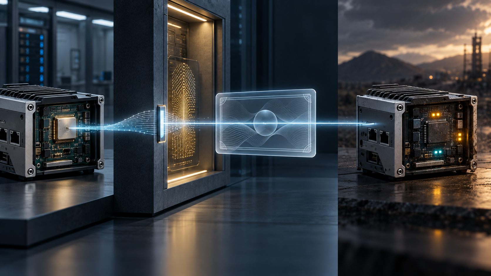 A secure device sends one public-key signal through an attestation checkpoint into a certificate, while the same device later appears in a changed environment.