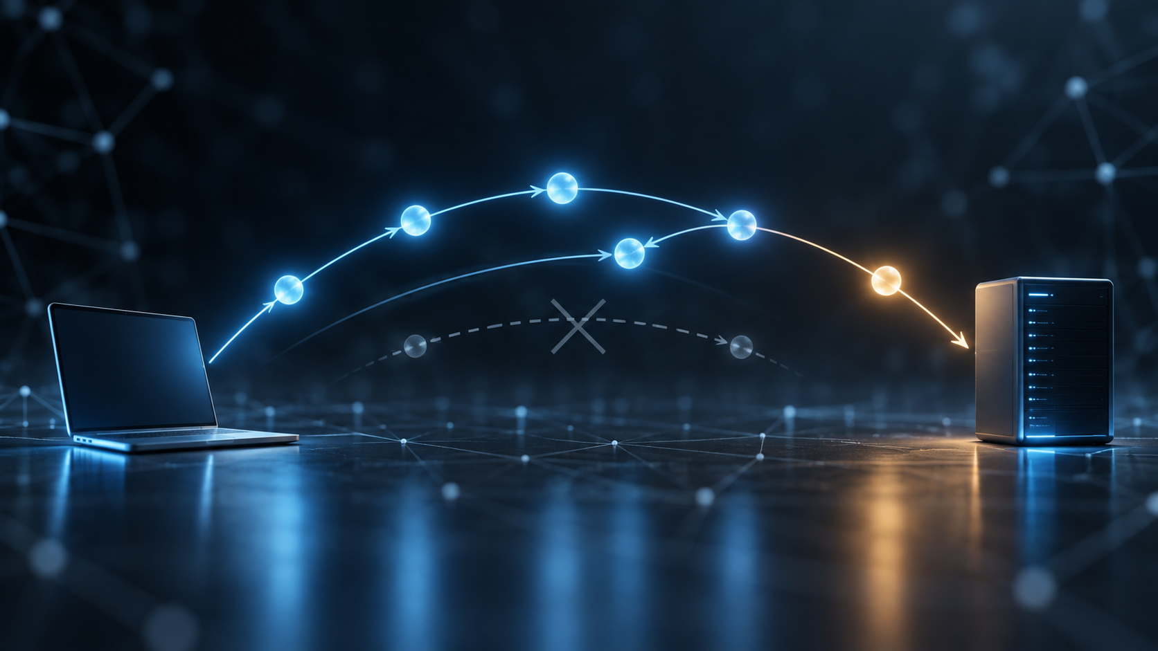Two endpoint devices exchange illuminated messages above a faded crossed-out shortcut; a conceptual image of the revised AuthKEM handshake.