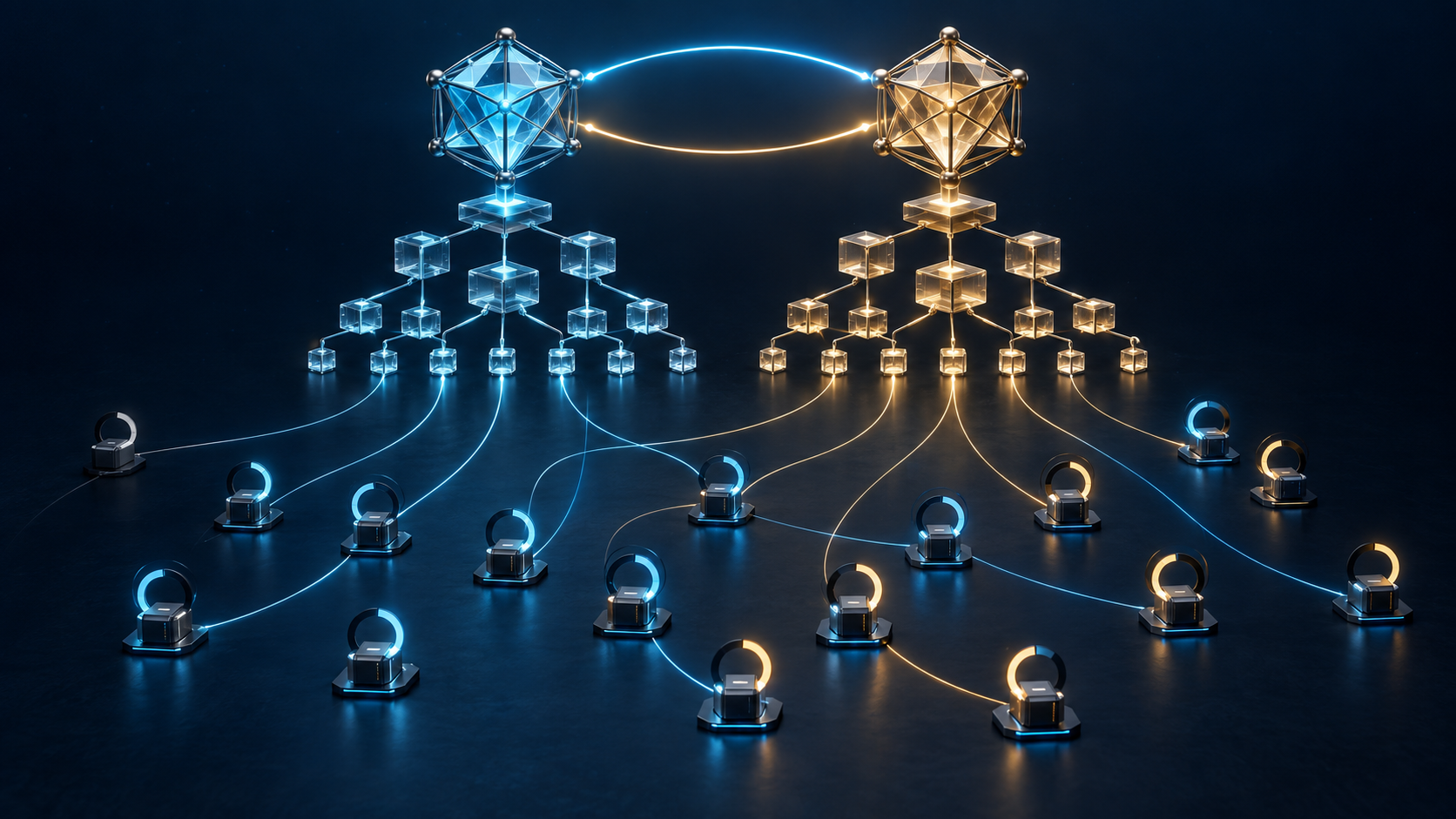 Two crystalline trust-anchor hubs linked in both directions above separate equivalent repository lattices feed a dispersed fleet of validator nodes, each with a different incomplete progress halo, while one dark node remains on the old root.