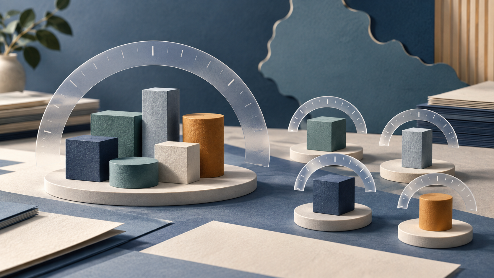 A grouped set of allocation blocks sits beneath one broad measuring arc, while separate blocks each have their own arc.