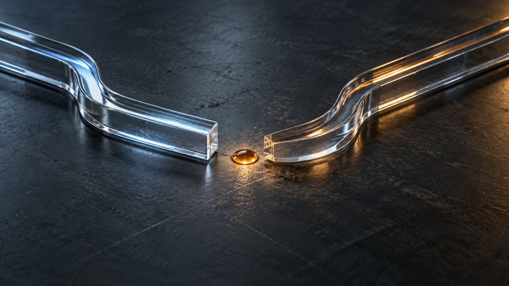 Two glass evidence channels beside an amber mark whose origin remains unresolved