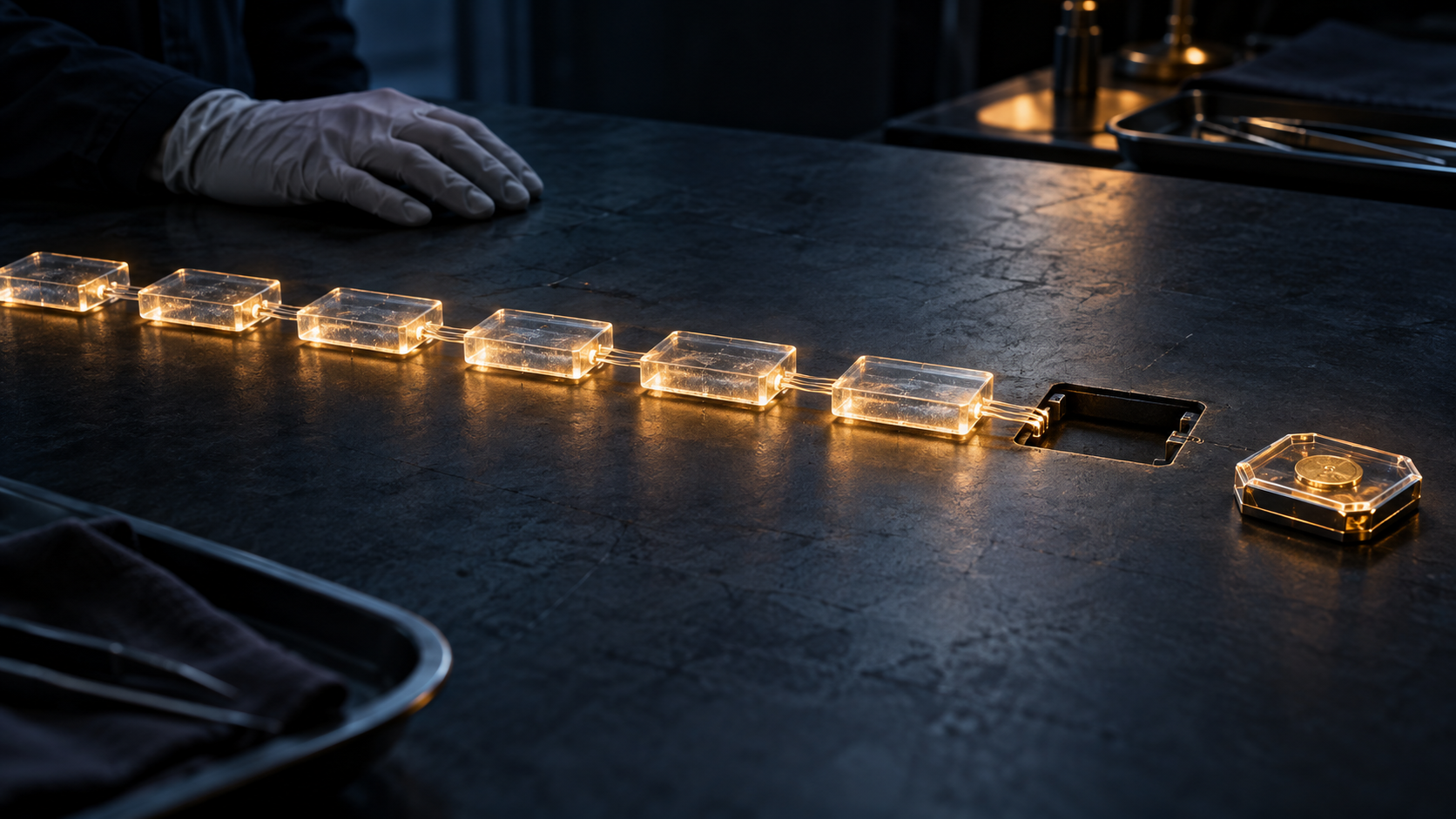 An intact row of glowing record tiles ending at an empty slot on a forensic table, with a separate amber authorization seal