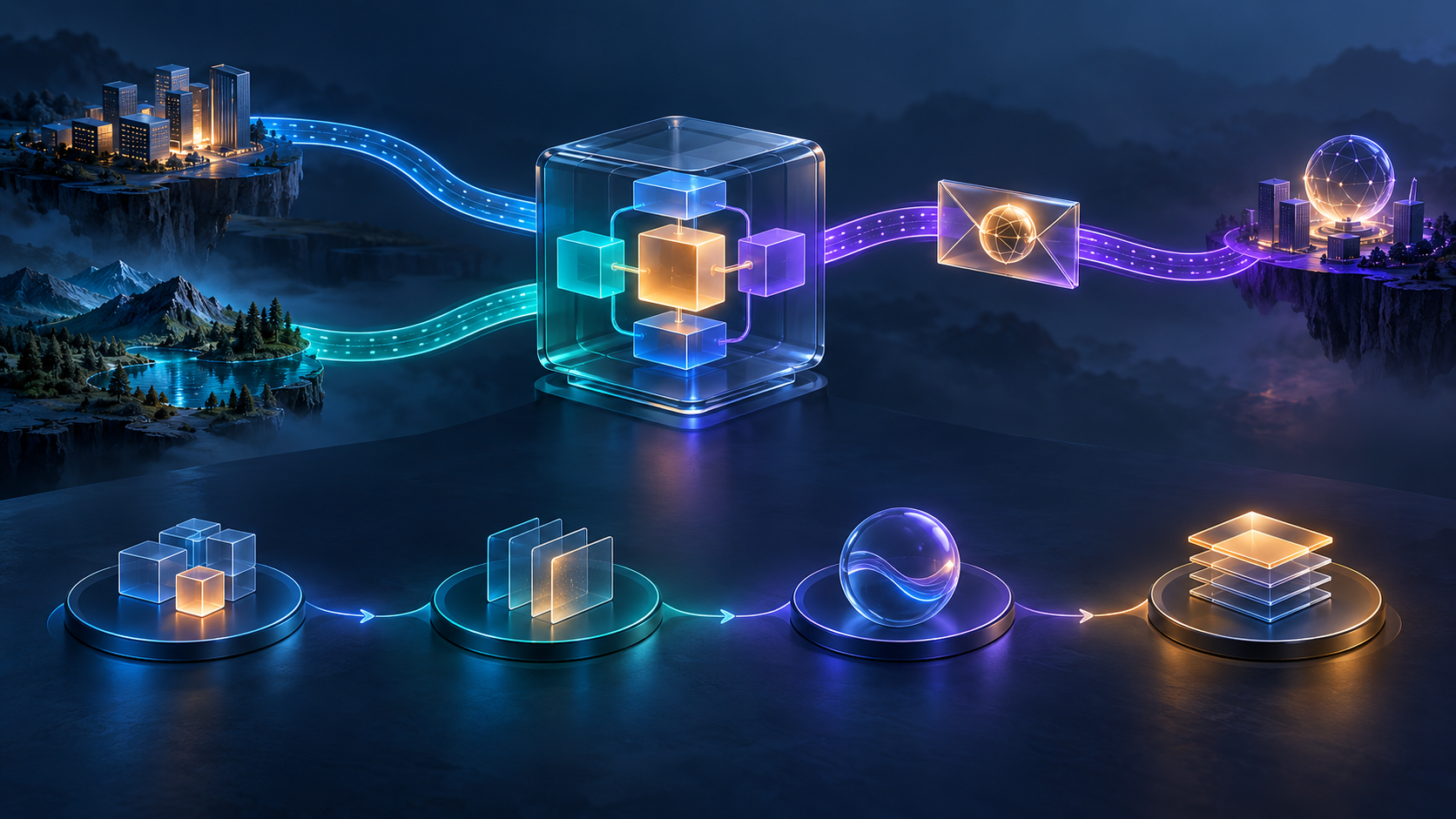 Conceptual application modules linked by network paths, with an endpoint carried inside a message and four lifecycle checkpoints
