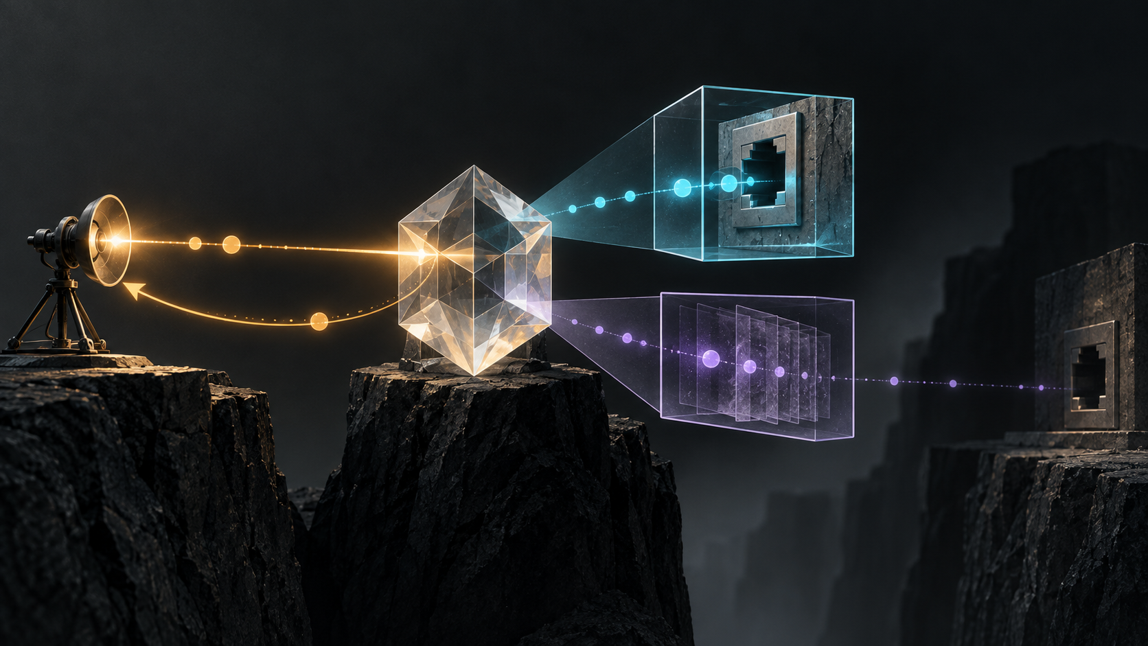 A wordless evidence scene shows a probe exchanging a receipt with a central proxy while the proxy separately inspects a local port and a time-layered cache leading toward a silent distant interface.