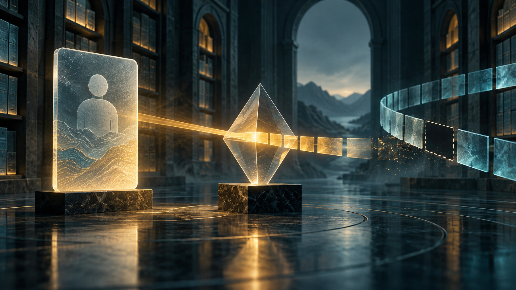 An identity card remains lit while a separate decision prism faces a gap in its event ribbon