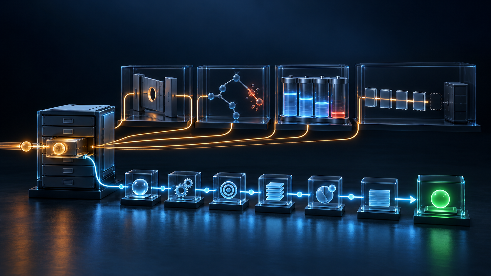A registry cabinet receives one amber error token while four possible runtime causes branch above and a separate cyan evidence chain reaches a verified green service outcome below.