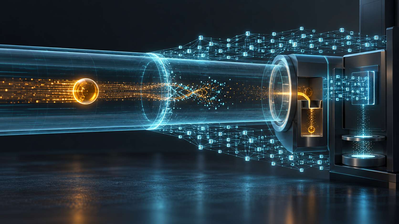 An amber bearer token crosses a transparent cyan TLS tunnel while the terminator produces the same cyan byte lattice and a would-be binding dissolves before a later checkpoint.
