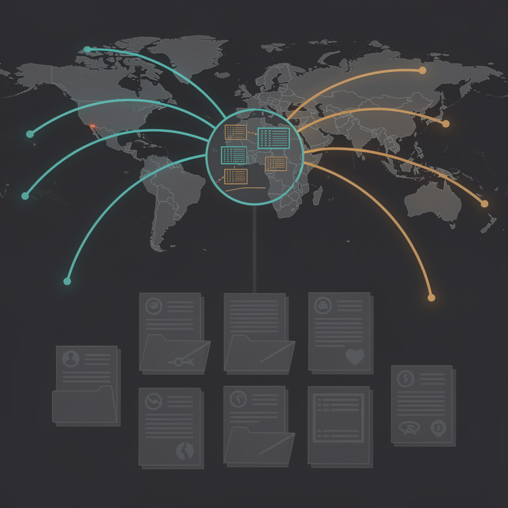 Abstract topology contrasting live BGP routing paths with dormant corporate registration records for a Yangon administrator AS