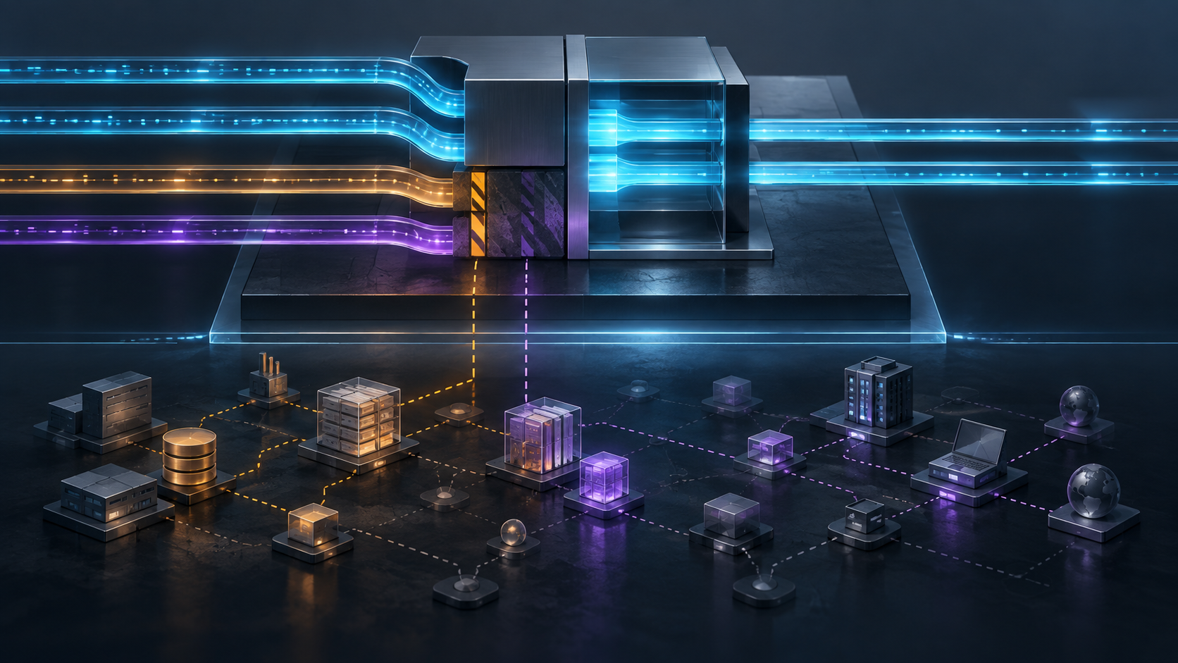 Four abstract HPKE mode lanes meet a standards boundary; two cyan lanes continue while amber and violet legacy paths stop above a separate compatibility inventory.