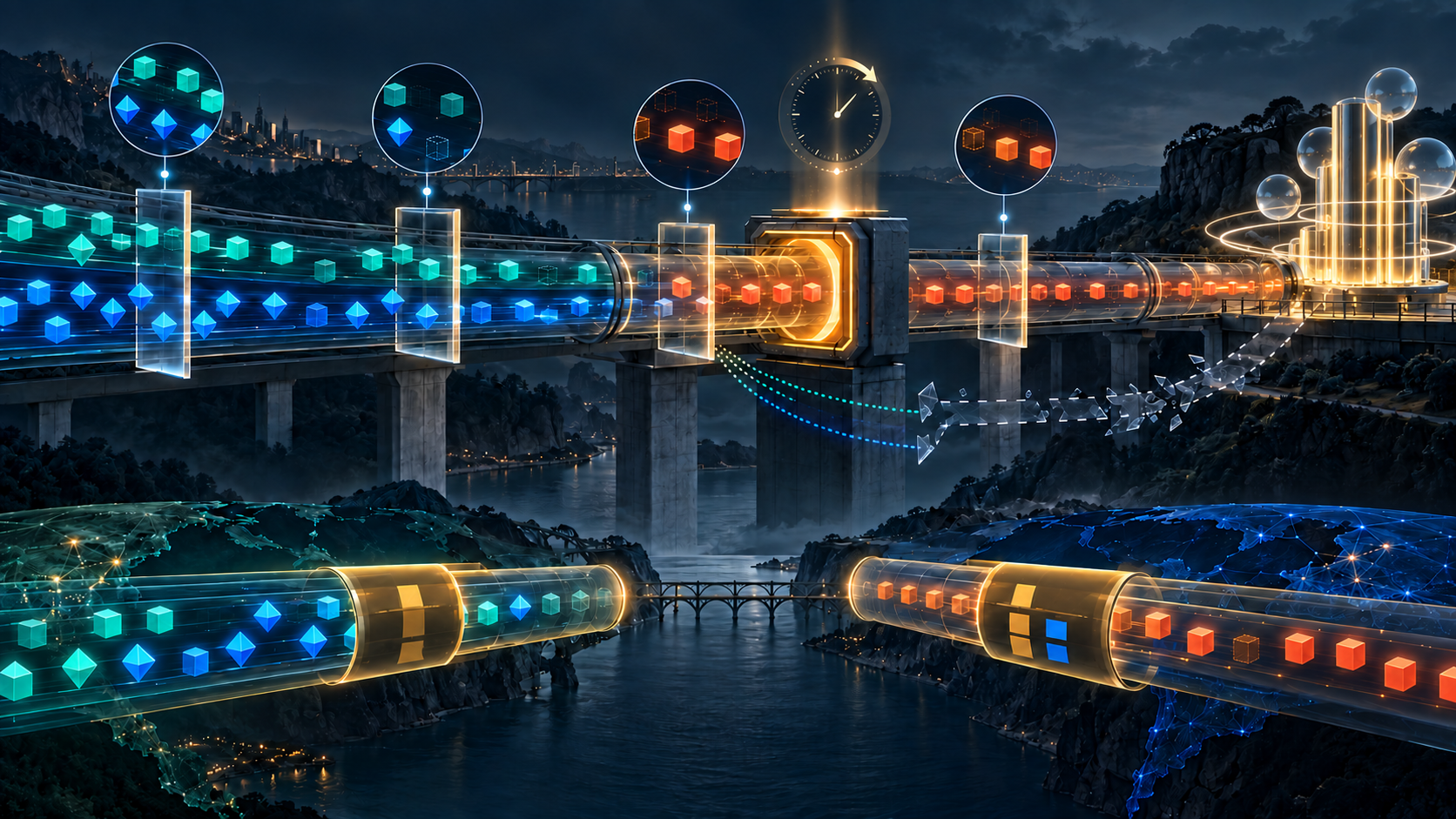 Two teal and blue packet families pass observation gates into one amber CE stream; a broken translucent evidence bridge leads toward an unlabeled telemetry receiver across two differently wrapped domains.