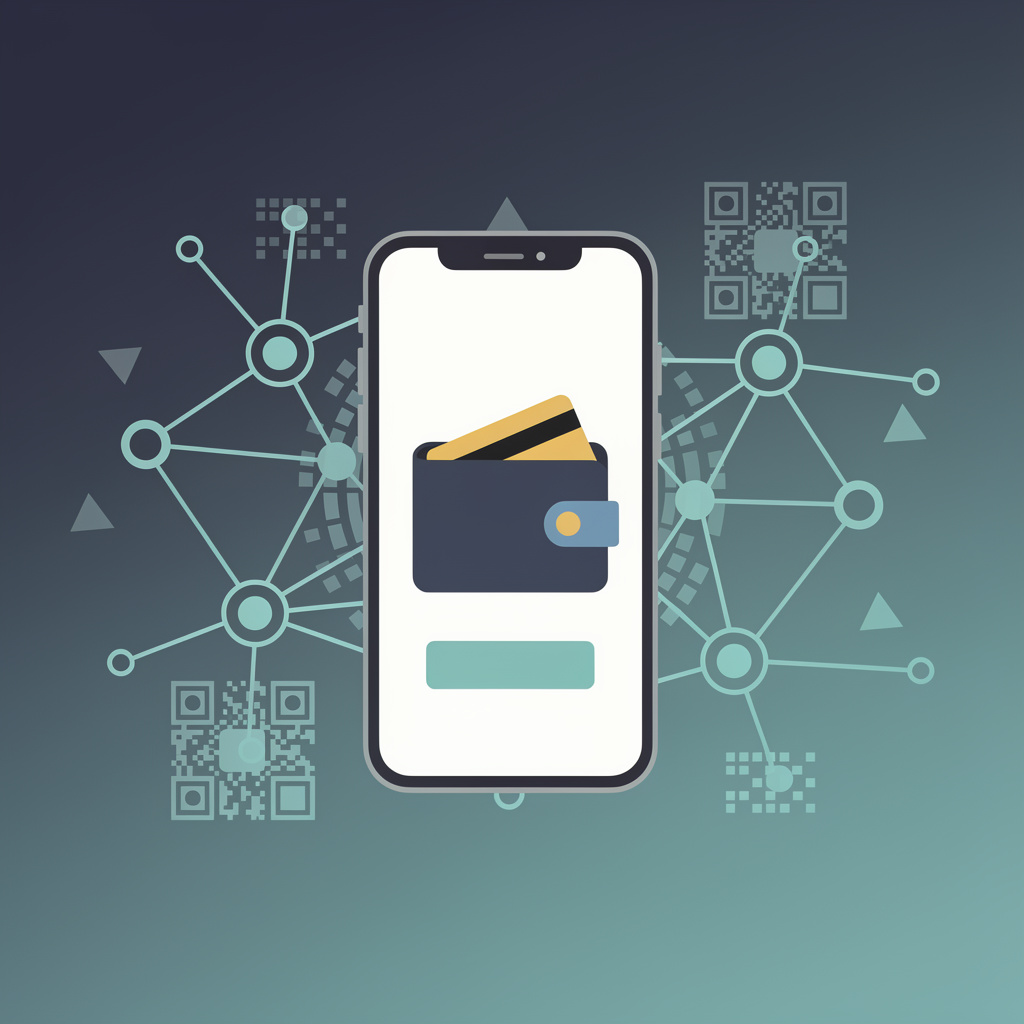 Abstract smartphone wallet rendered in geometric shapes overlaid with a node-and-line network motif and QR-like patterns on a navy and teal background