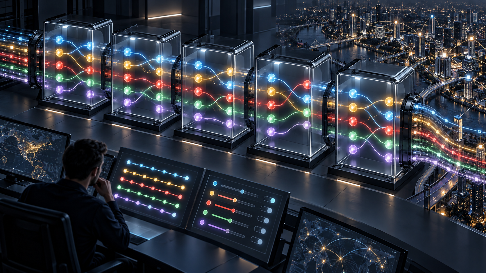 Five glass routing stages contain equal numbers of colored route markers while their paths and membership differ before reaching a city network.