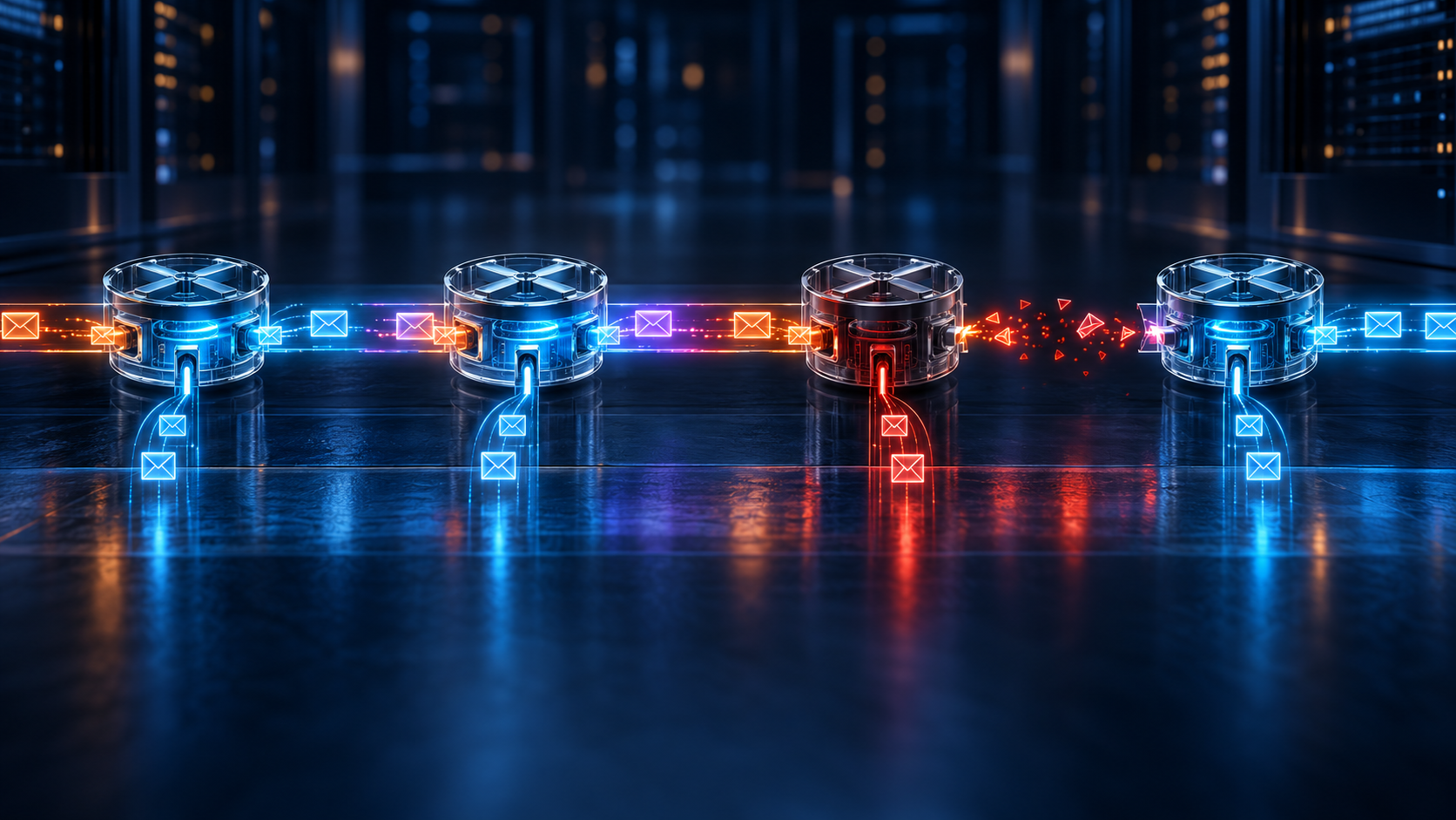 Four transparent routers share one link as amber legacy and cyan replacement authentication paths overlap, then break at one unprepared router.