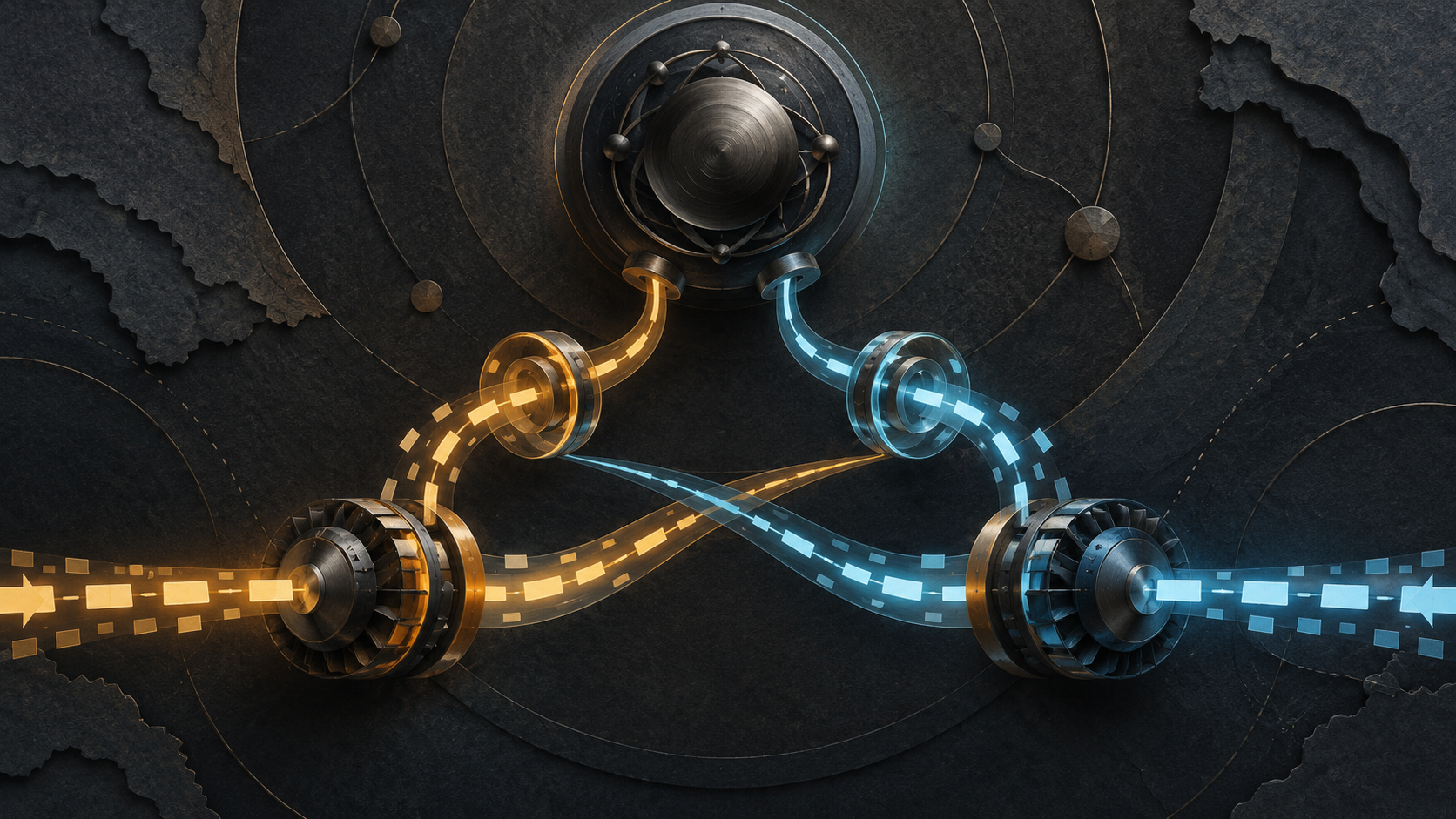 A dark master core feeds amber and cyan derivation rings, which cross into separate opposing cipher wheels and packet streams without touching traffic directly.