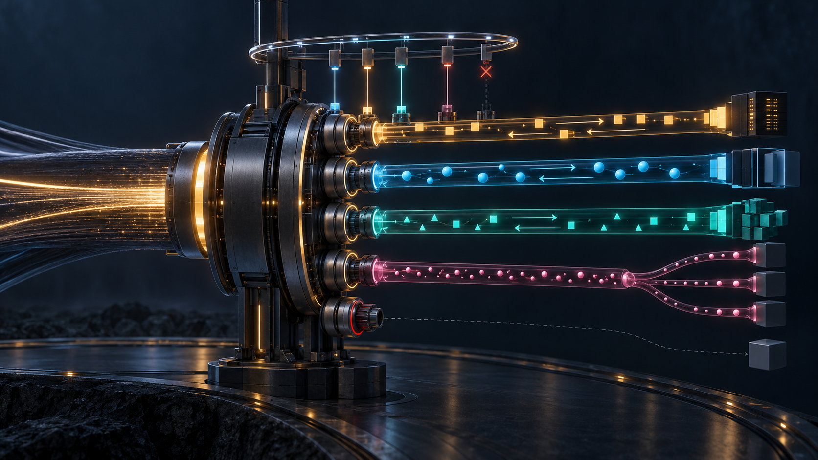 One dark transport conduit enters a session hub and becomes four independent colored channels, while a thin overhead control ring binds accepted lanes and leaves one proposal rejected.