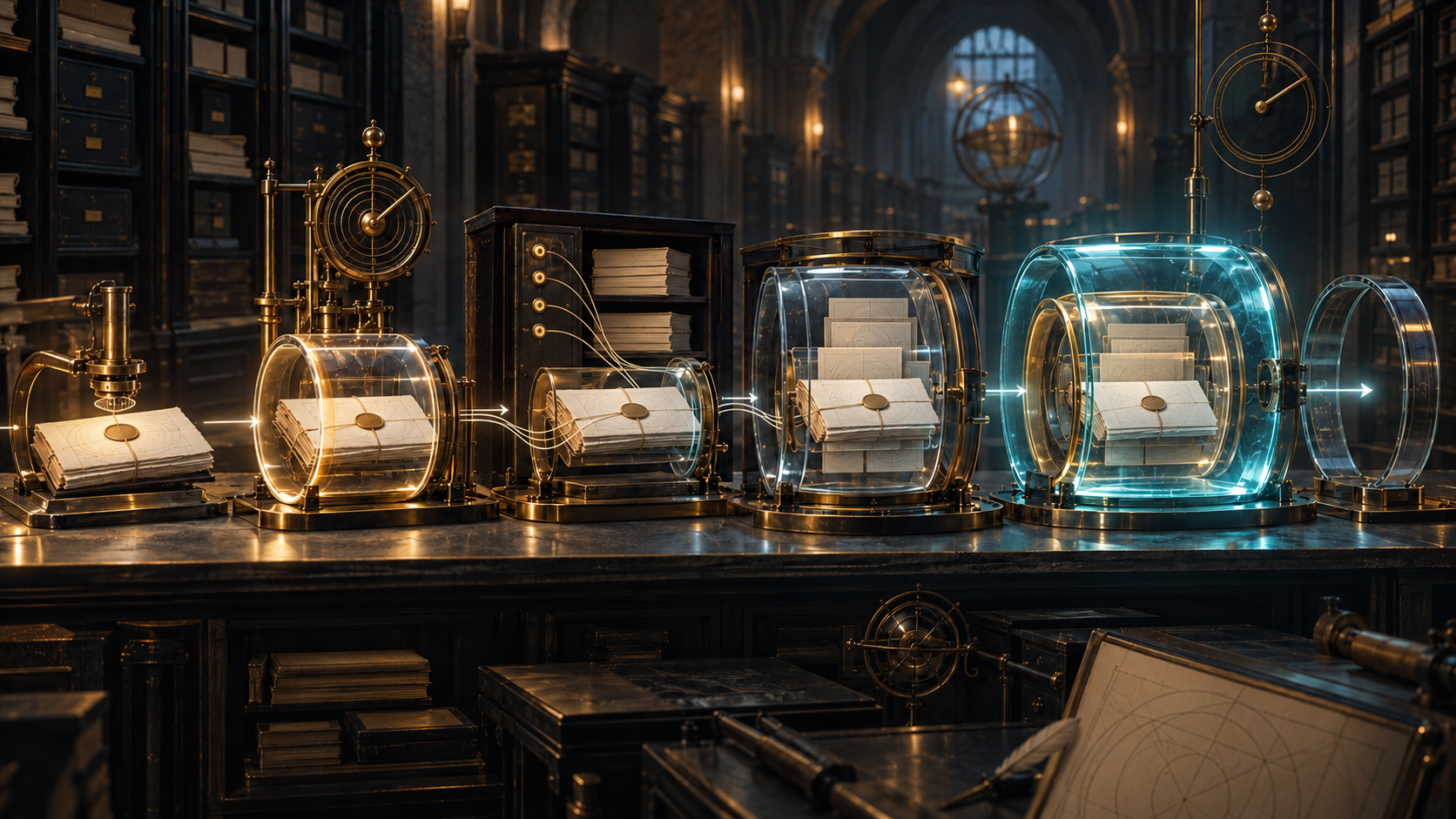One blank evidence bundle moves through an early time ring, reference chamber, retained-value vault and nested renewable archive shells, with an empty future ring still waiting.