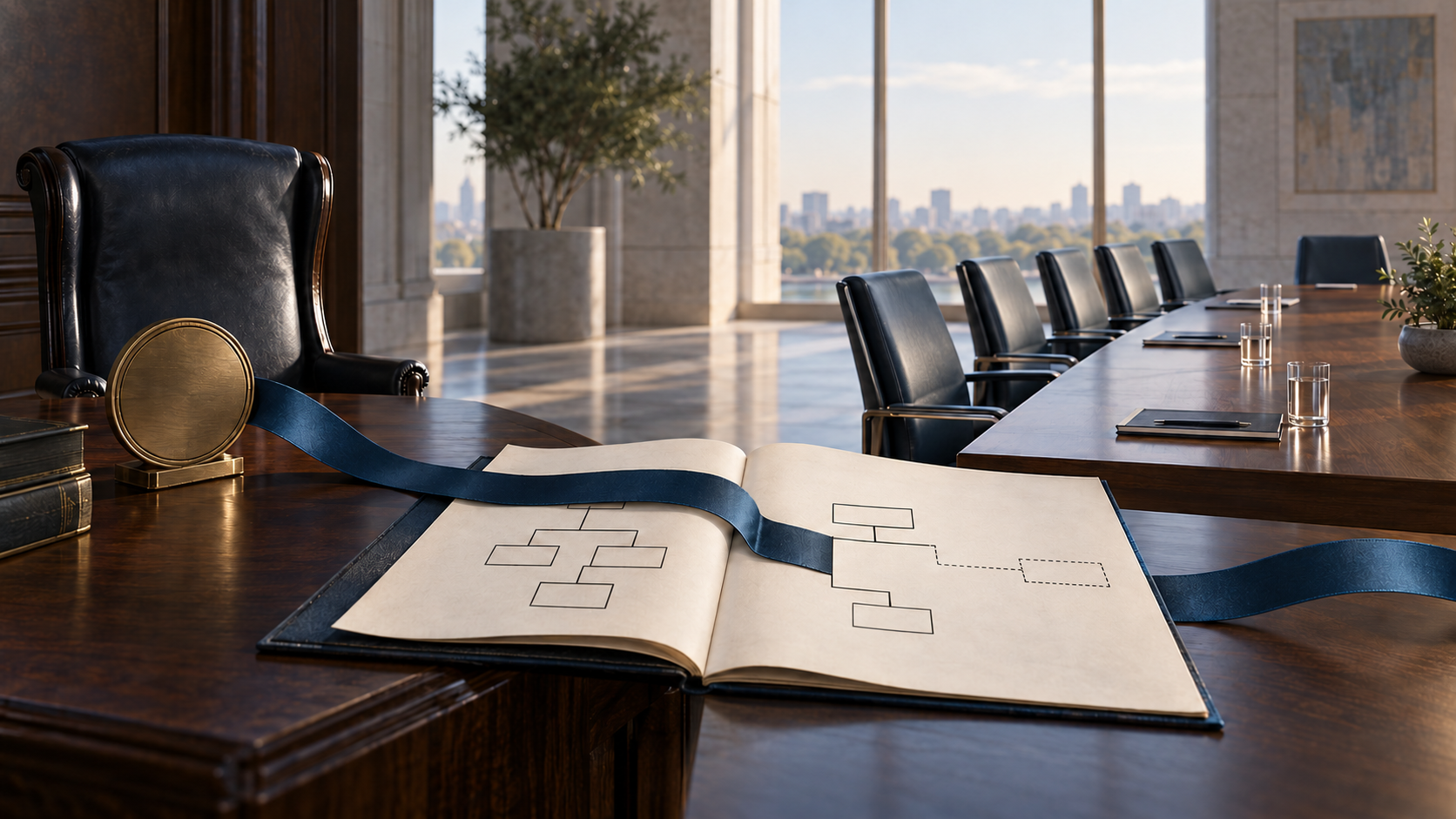 Concept illustration of an empty former office-holder chair and brass seal facing a collective board table, with a blank delegation chart joined by a continuous archival ribbon.