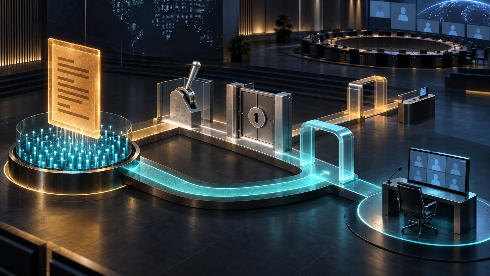 An amber fee proposal stands above cyan consultation inputs, followed by a separate decision lever, closed approval lock, open waiver path and remote participation console.