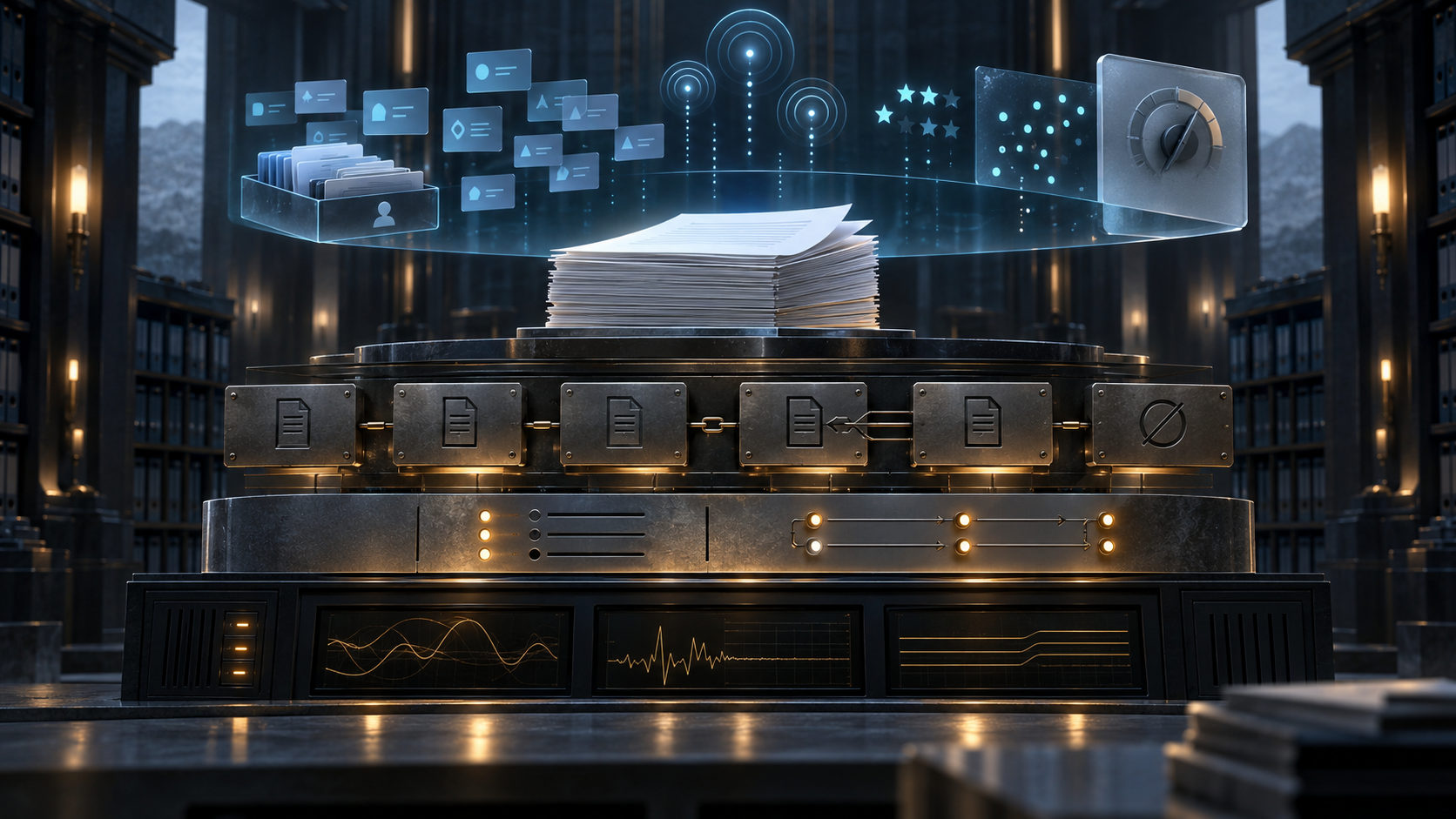 Cyan discovery signals and ratings float above an immutable RFC document stack, while amber formal metadata and running-code readbacks remain separate below.