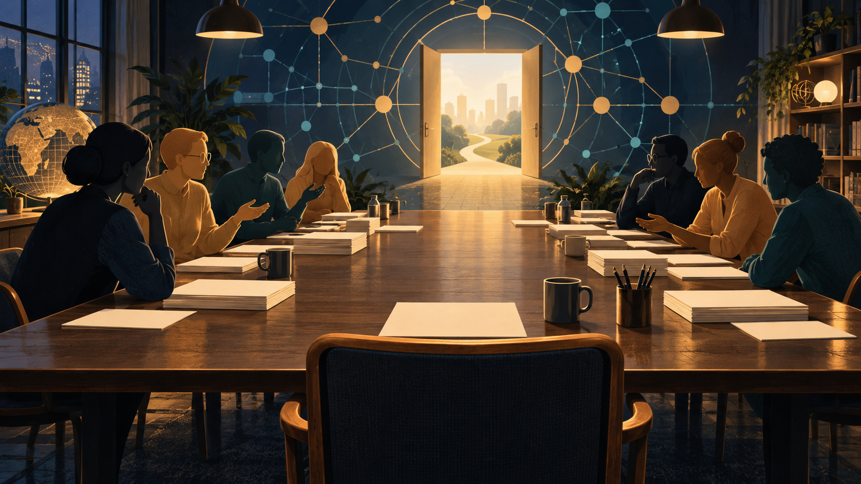 An open chair faces a standards working-group table, with blank RFC pages and an open doorway framed by network nodes.