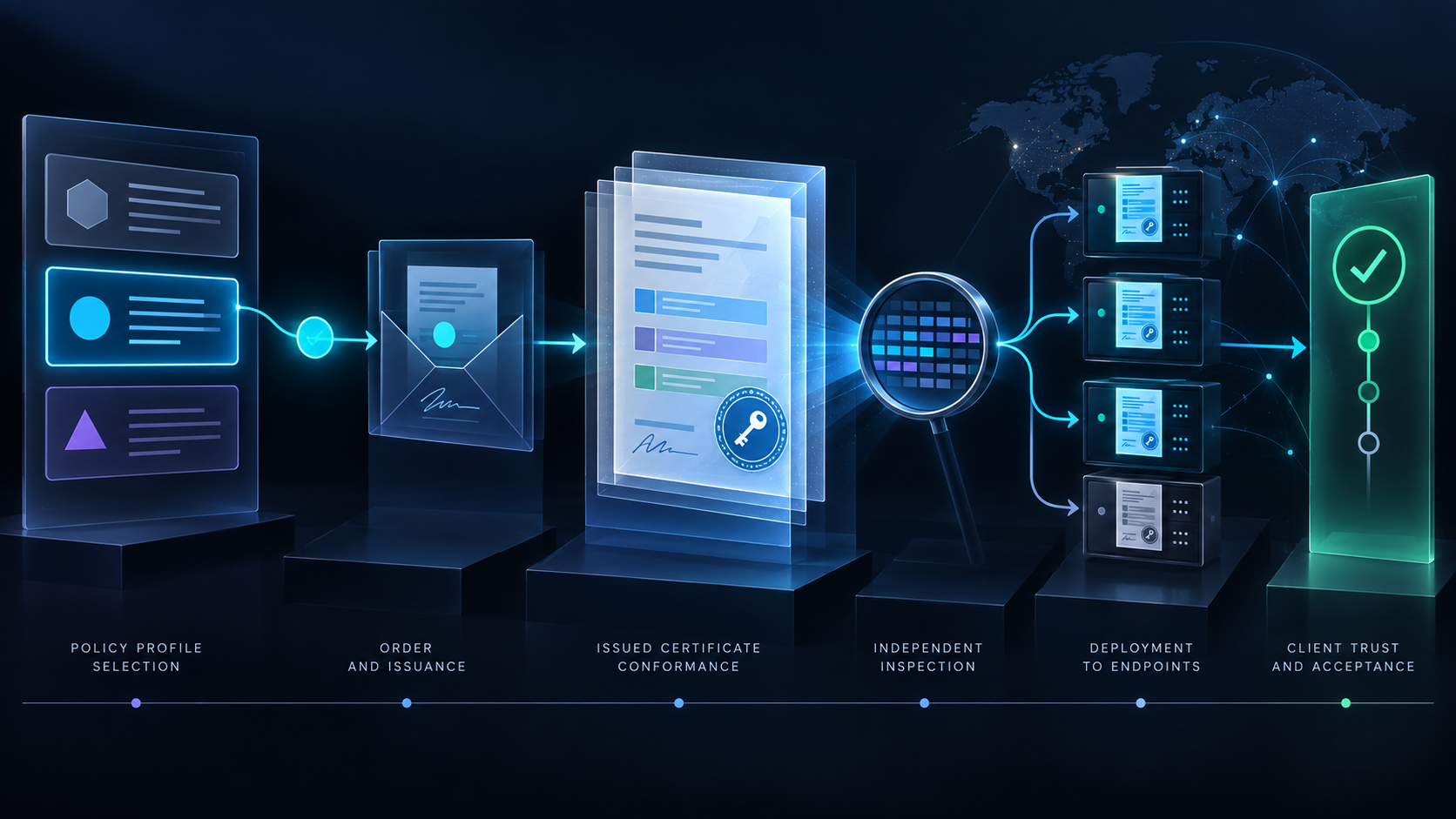 An ACME profile token enters a signed order, an issued certificate is independently inspected, then deployment branches to several endpoints before a separate client trust decision.
