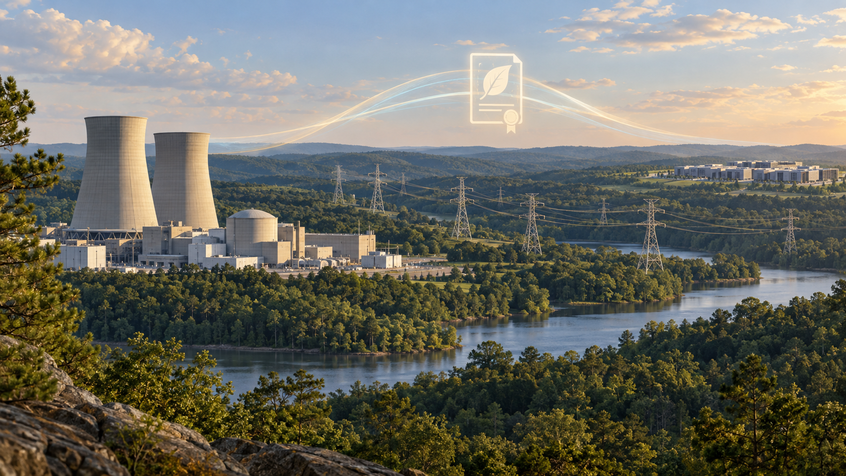 Conceptual editorial view of an existing nuclear station and shared grid serving a distant data-centre campus, with a symbolic zero-emission attribute.