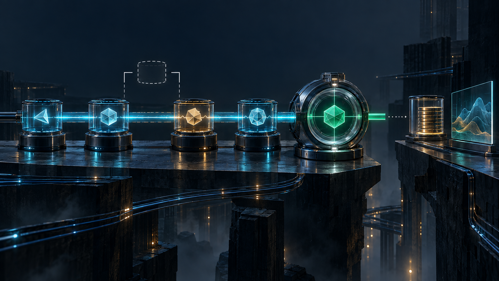 Four sealed IOAM data capsules form a cyan integrity chain into a green validator while one whole envelope is visibly missing and the export platform remains separated by a gap.