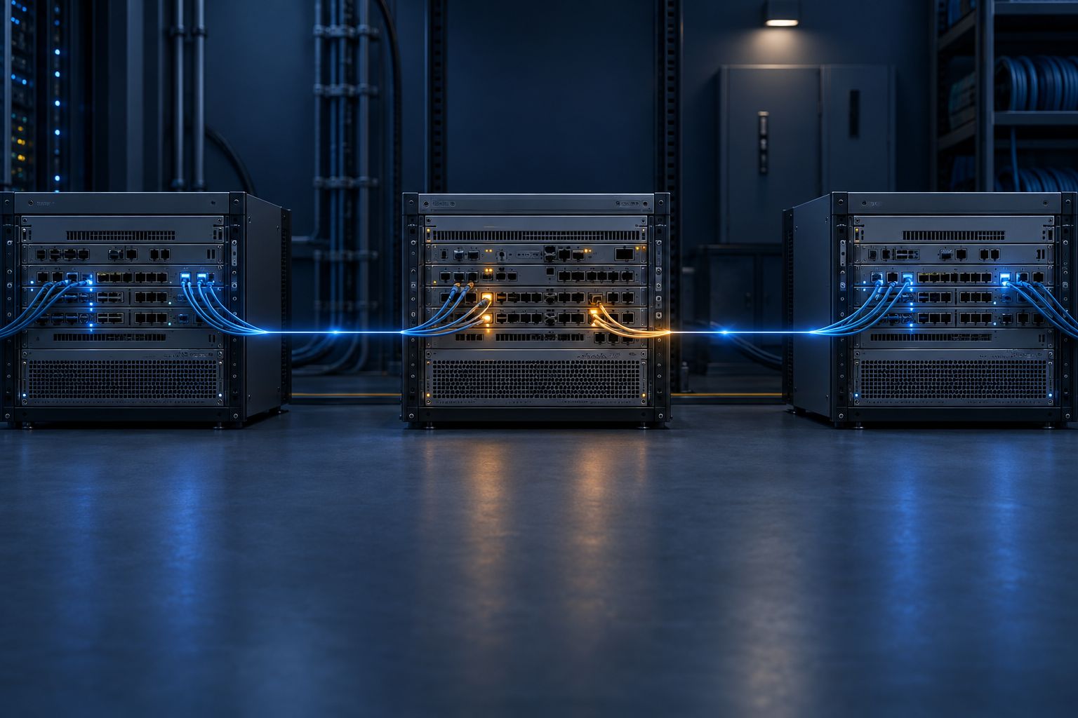 Three routers share an intact link, with one mid-change in amber while its neighbors remain blue