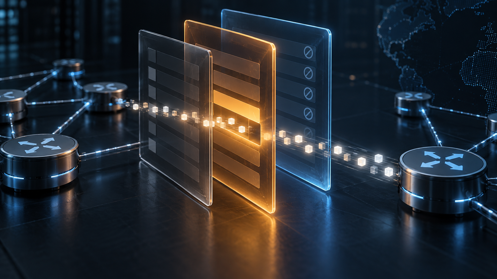 An amber intermediate policy layer lets abstract route packets pass between two blue router nodes