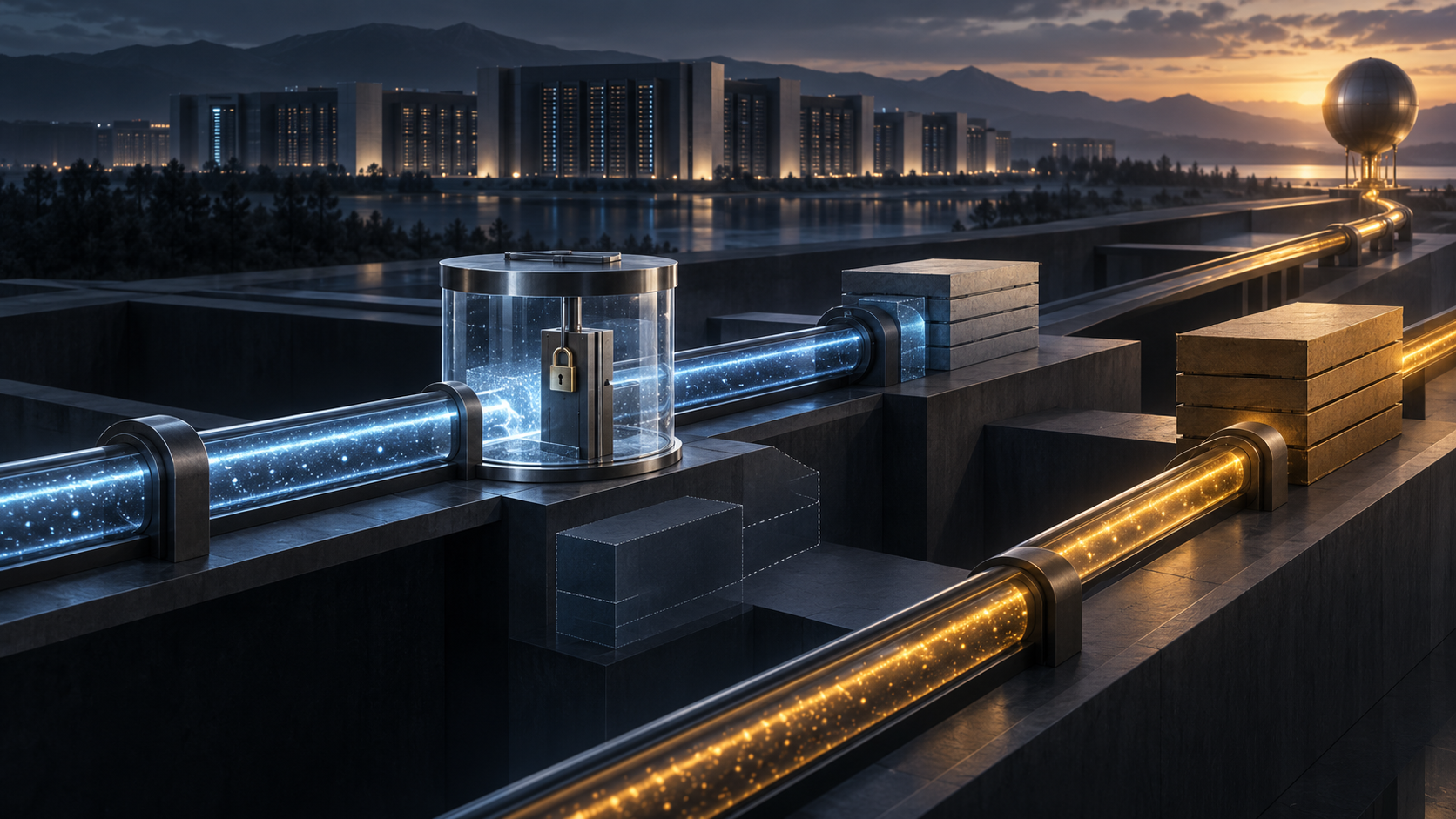 Conceptual illustration of two debt tranches in separate blue and amber channels before a distant data-centre silhouette; one channel passes through a locked escrow vessel. No real facility is shown.