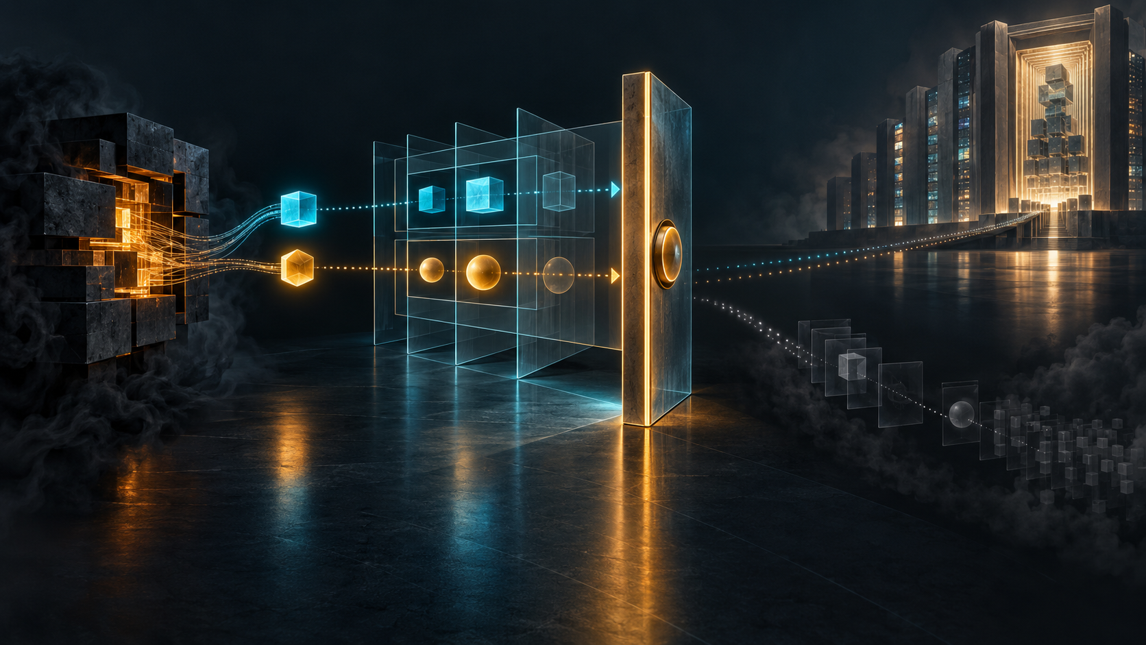 Two cyan and amber incident tokens cross a local template lattice and stop at a user-controlled gate before a distant archive, while a grey observation trail shadows the possible fetch.