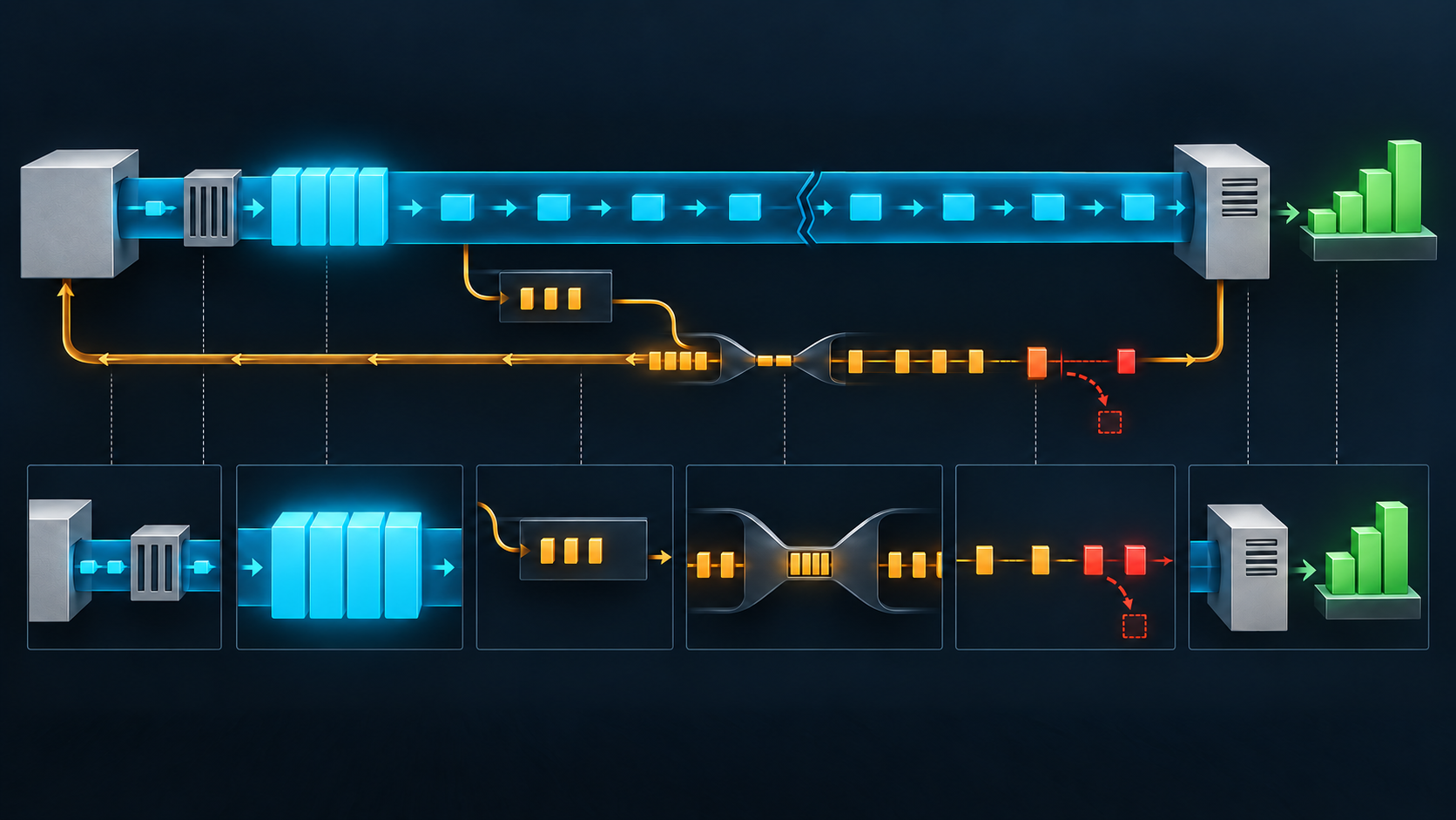 A wide cyan data path is paced by a narrow amber ACK return path, where delayed feedback becomes clustered bursts before a separately verified green application outcome.