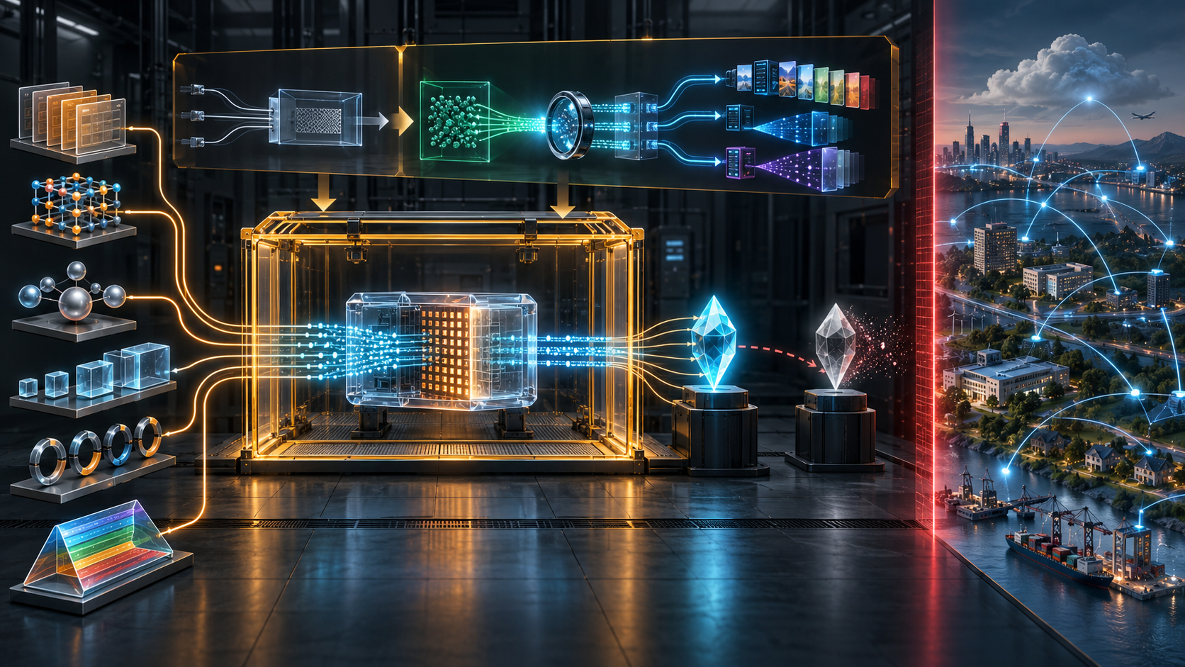 An isolated amber benchmark chamber receives rule, NAT, traffic and crypto inputs, producing one tethered metric and one fading detached metric beside a separate production network.