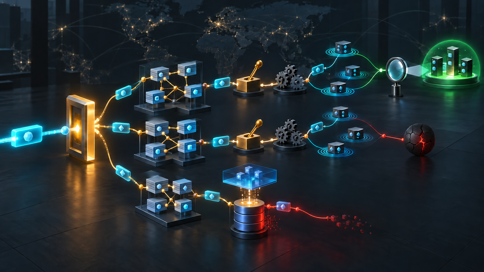 A cyan configuration request passes an amber gate into dependency, activation and persistence paths; only one reaches a verification lens and green service state.