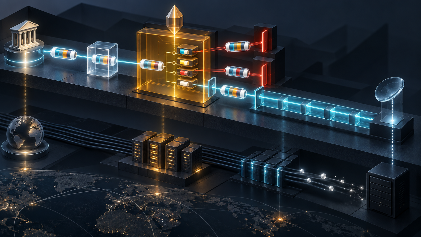 A banded authorization token crosses a transparent relay into an amber policy boundary; two requests are denied, one cyan resource lane proceeds, and media particles stop before an outcome lens.