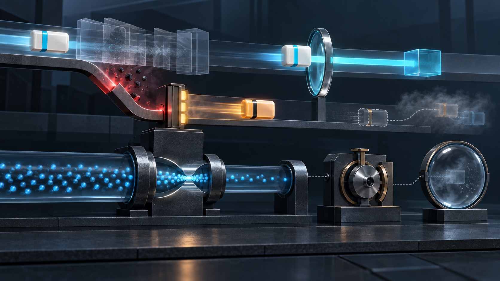 An original cyan packet and amber retransmission pass through a timestamp lens that identifies the original, while a separate congestion-state aperture remains contracted and an outcome path stays unresolved.