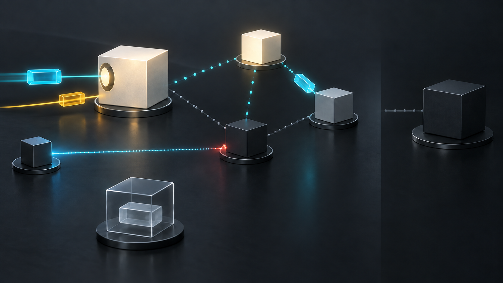 An ivory directory node returns a clean amber receipt while a cyan registration capsule is still traveling toward dim peer nodes; a separate query beam fails before a dark service endpoint, and a tombstone remains quarantined below.