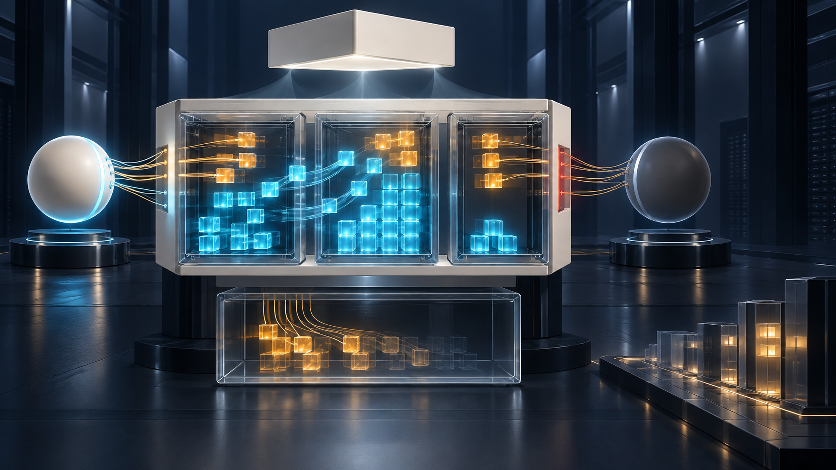 An ivory partition manager hovers above a switching element divided into transparent resource chambers; cyan capacity moves between chambers while amber in-use blocks remain connected, one controller sees the new boundary and another still holds an older model, with a frozen draining chamber below.