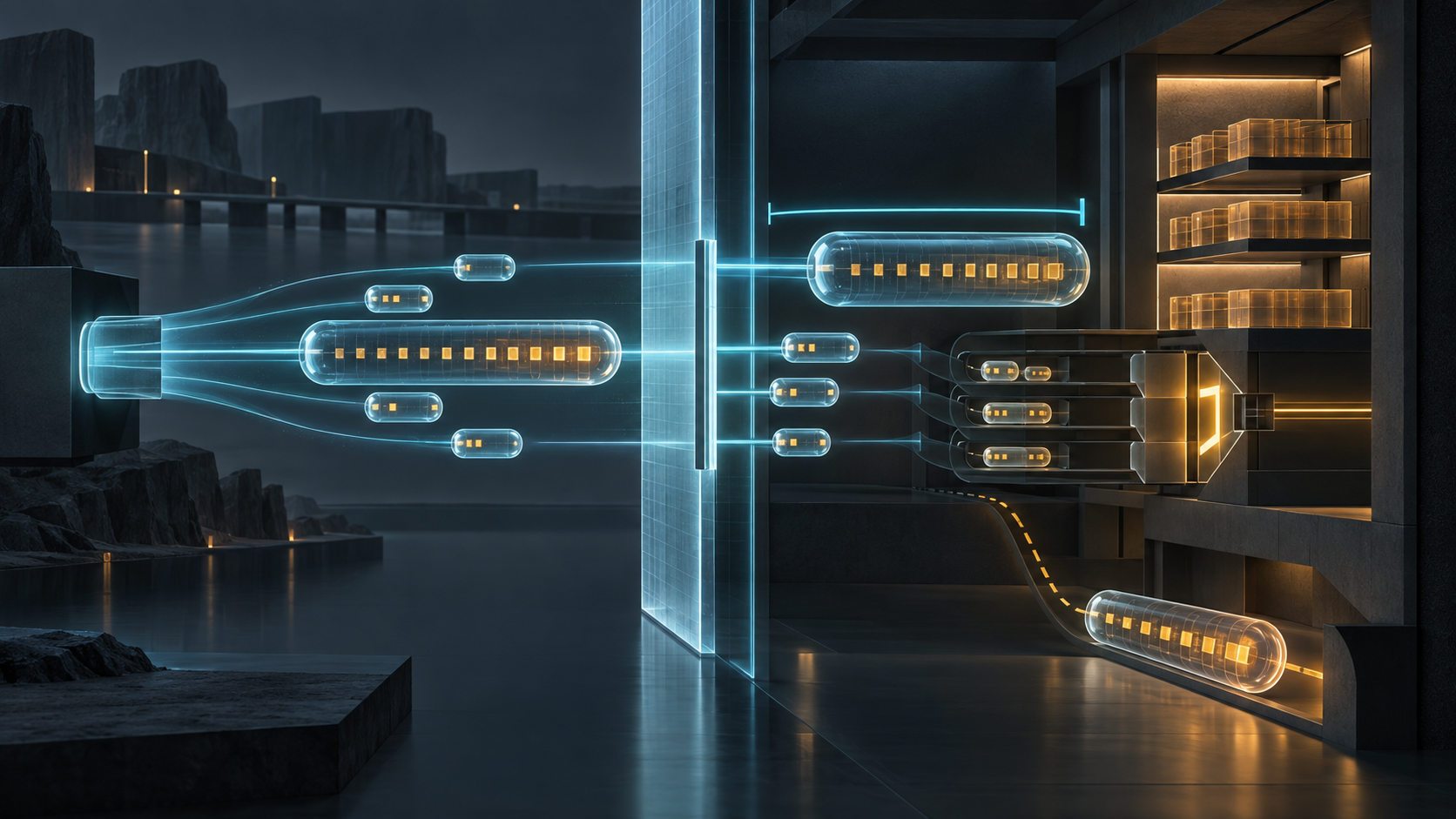 Cyan encrypted capsules cross a translucent receive ceiling toward separate amber memory shelves, queues and an authentication aperture; one oversized datagram is diverted.