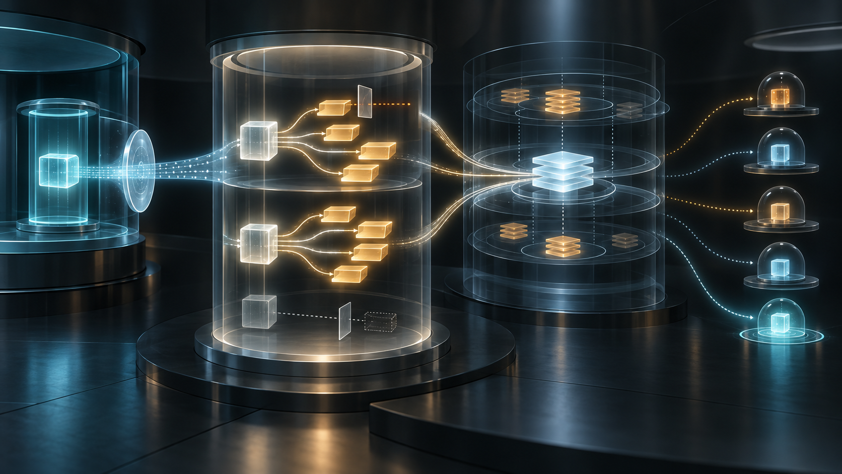 A cyan origin capsule enters two validation paths; one endpoint is stopped while different DNS generations remain in distant cache rings and only one client path reaches an outcome glow.