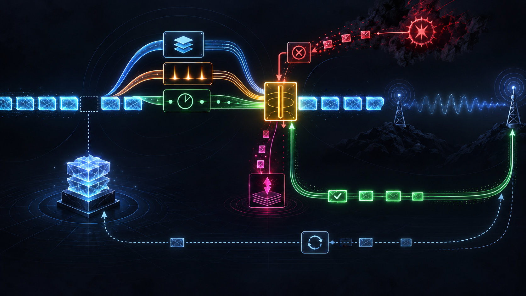 A tiny absent header slot is bridged by separate cyan rails for packet identity, loss indication and sequence evidence before an amber gate permits header-free radio packets.