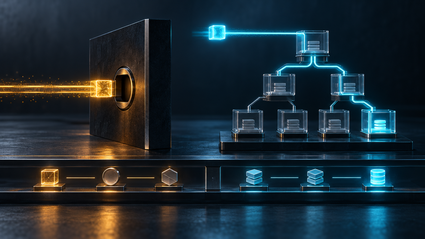 An obsolete amber query token stops at a dark protocol gate while a separate cyan path enters a delegated reverse-DNS tree and reaches one explicit record capsule.