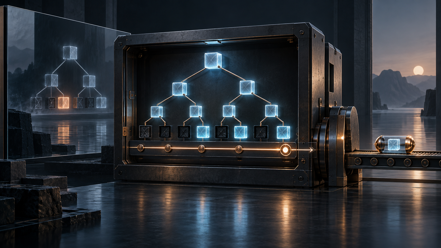 A finite luminous Merkle tree sits in a dark signing vault while a snapshot reflection revives one extinguished leaf and a monotonic rail releases a signature capsule.