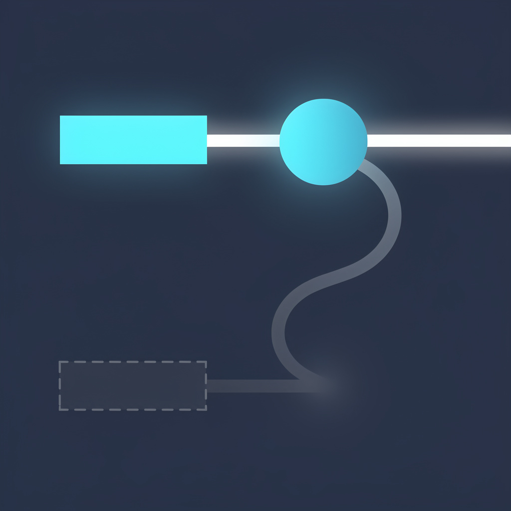 Abstract network-routing illustration: one luminous block whose bright light-trail passes through a glowing relay hub, while a dimmer dashed block's faint trail terminates mid-canvas without connecting to anything, no text anywhere