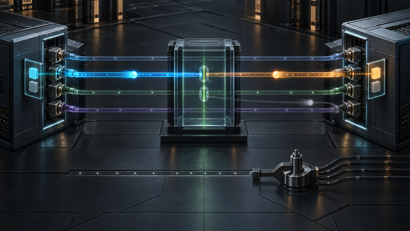 Four parallel physical links connect two dark endpoint frames while cyan and amber probes traverse one member through a central validation chamber beside local token plates.