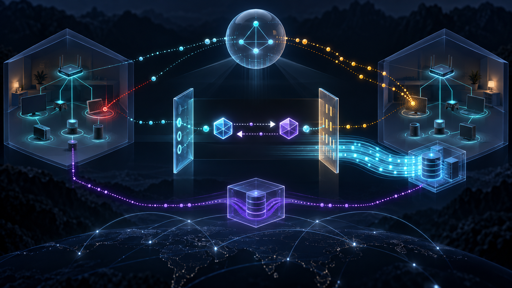 Two isolated private realms reuse the same local geometry while a rendezvous hub sends bounded probes through separate mapping and filtering planes toward an authenticated two-way identity gate.