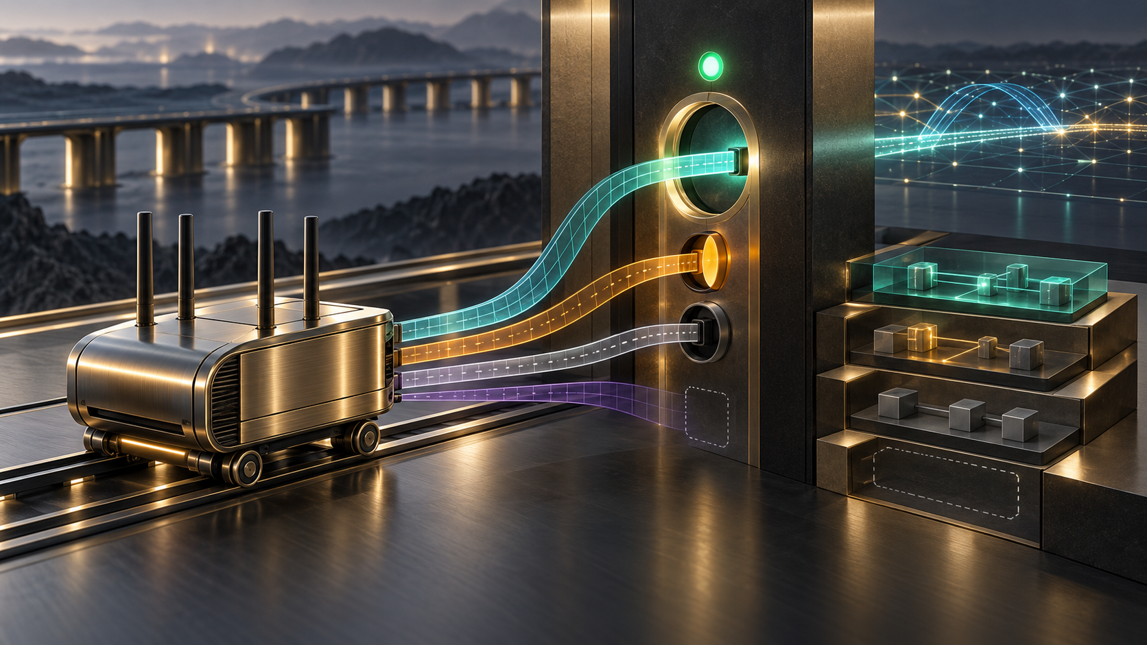 A brass mobile router sends four separate prefix conduits toward one home-agent gate; only one passes beneath a green overall status light.