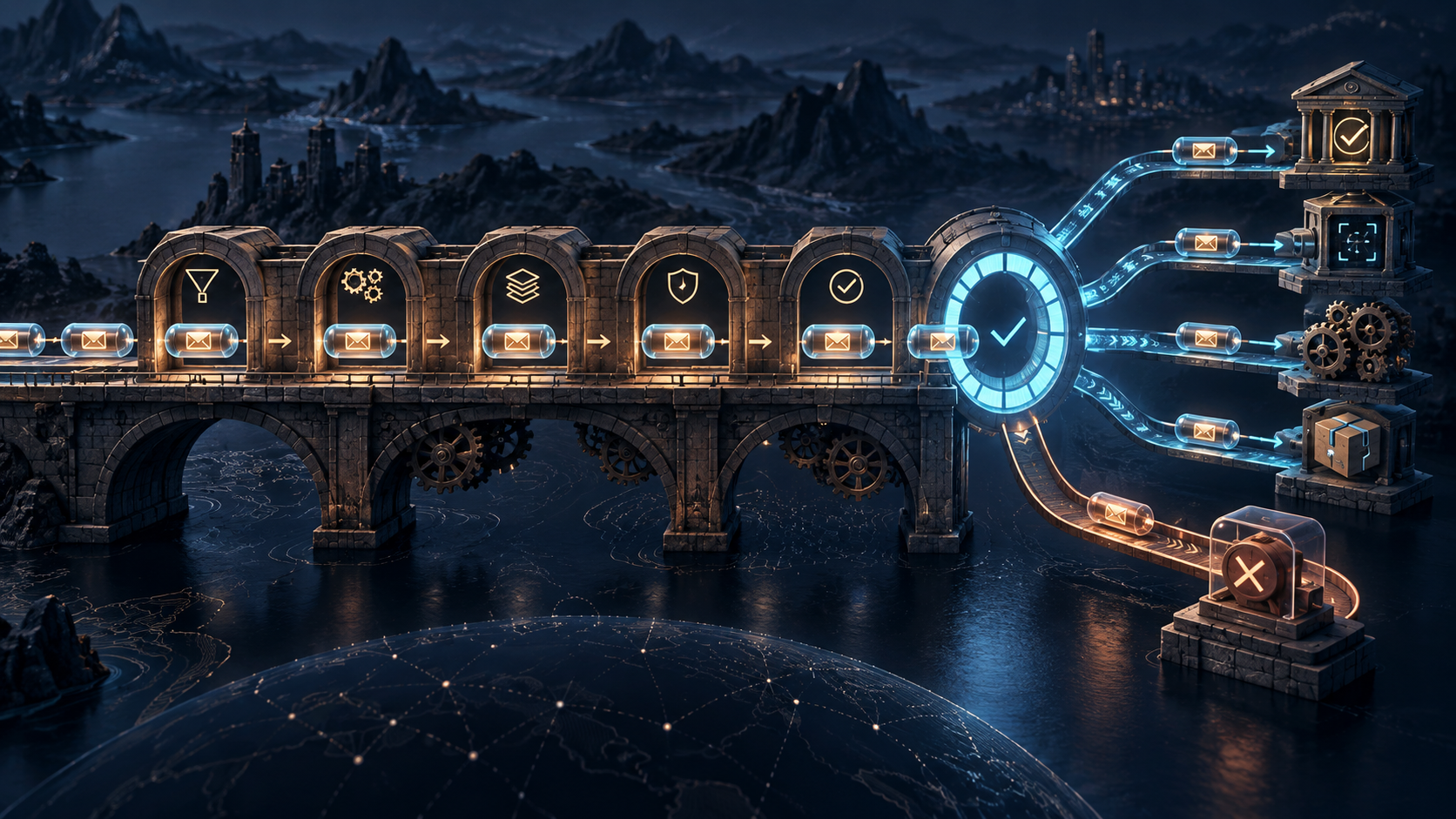 A five-step protocol bridge reaches a glowing 100% gauge while separate authorization, capture, settlement and delivery tracks continue beyond it.
