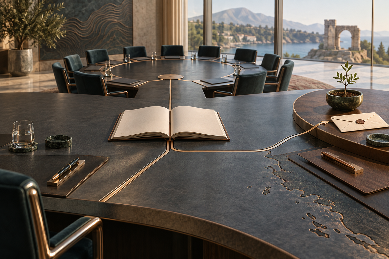 An open procedural book on a conference table, with one path leading to a ring of chairs and another to a seedling and an unmarked pledge envelope.