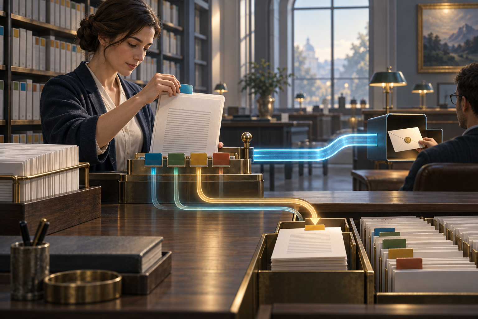 Conceptual illustration of a curator assigning a subject tab to a technical document and routing a single notice to a reader